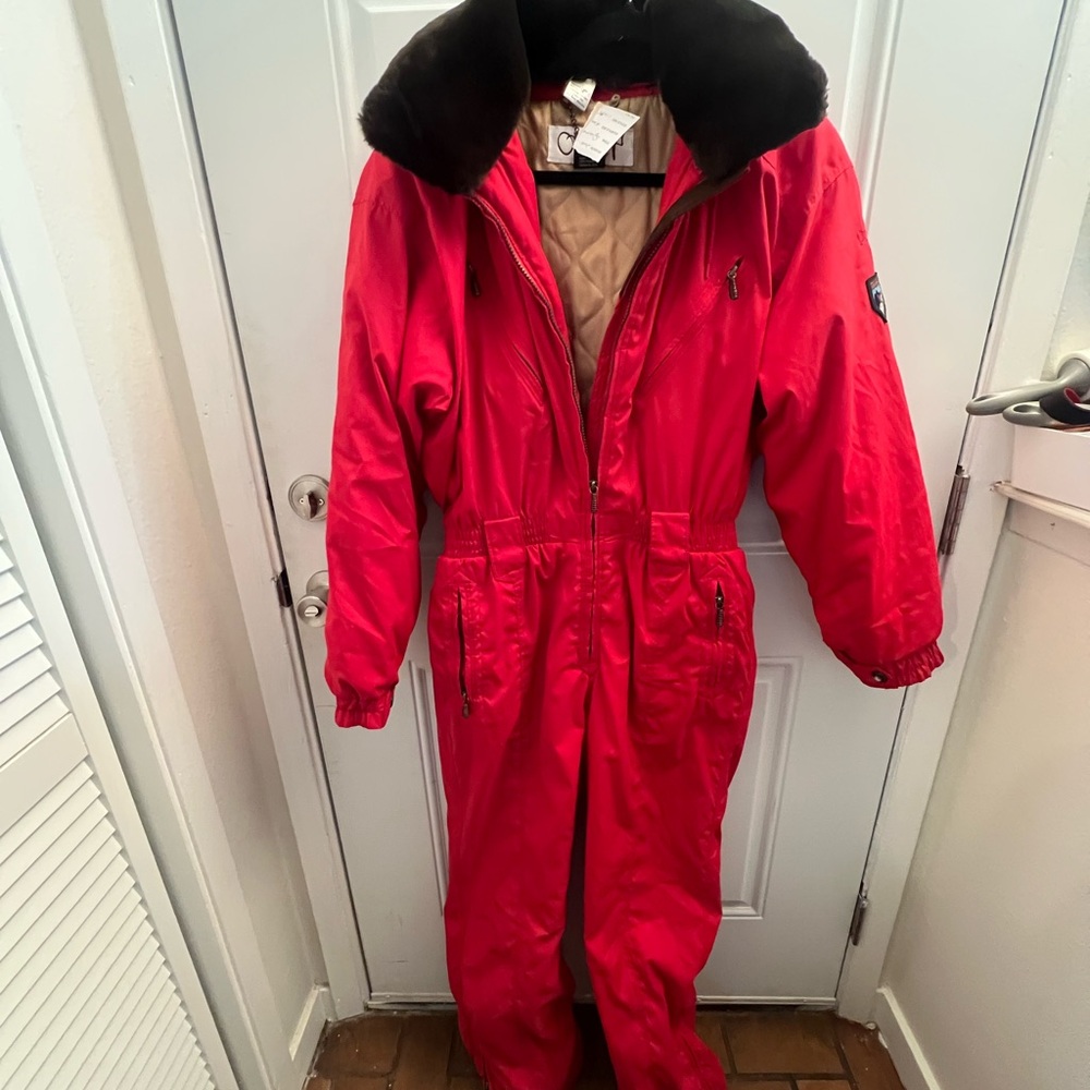 Vintage Obermeyer Red Jumpsuit with Black faux fur Collar